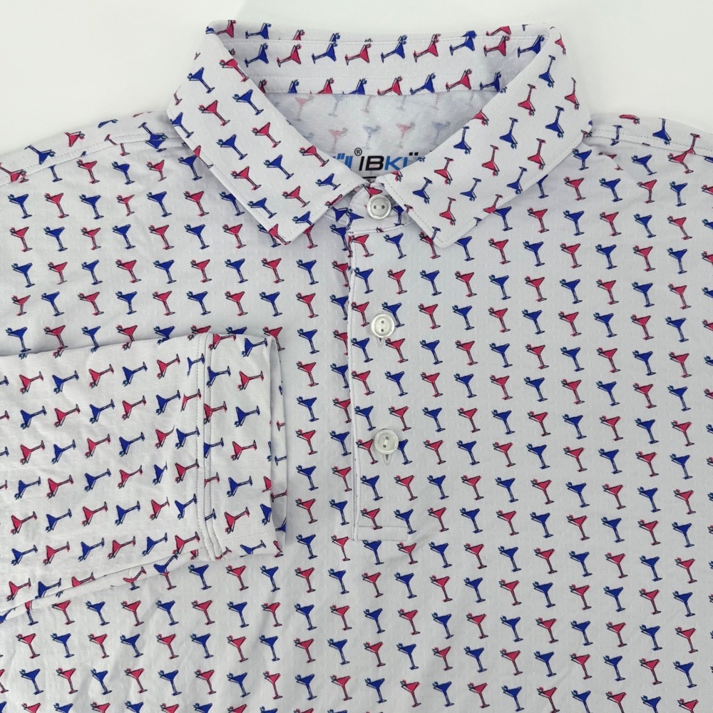 IBKUL Mens Martini Glass Print Long Sleeve Polo Shirt White UPF 50+ Large